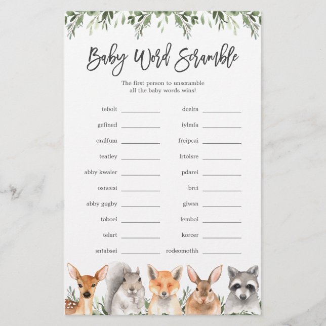 Woodland Animals Baby Shower Word Scramble Game (Front)