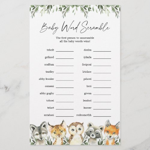 Woodland Animals Baby Shower Word Scramble Game