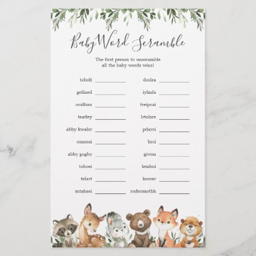 Woodland Animals Baby Shower Word Scramble Game