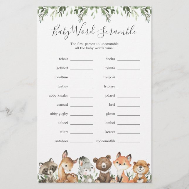 Woodland Animals Baby Shower Word Scramble Game (Front)