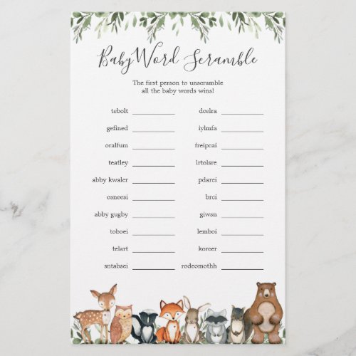 Woodland Animals Baby Shower Word Scramble Game