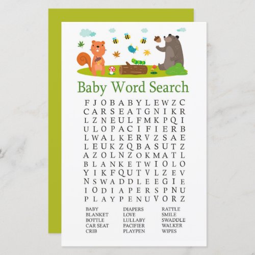 Woodland animals Baby Shower Word Search Game