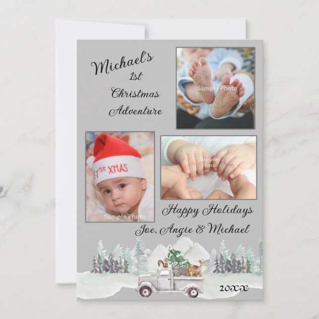 Woodland Animals Baby's 1st Christmas Photo Card (Front)