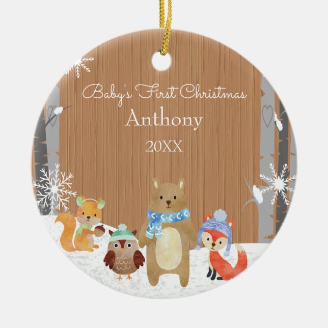 Woodland Animals Baby's First Christmas Ceramic Ornament (Front)