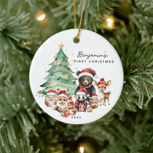 Woodland Animals Baby's First Christmas Ceramic Ornament (Tree)