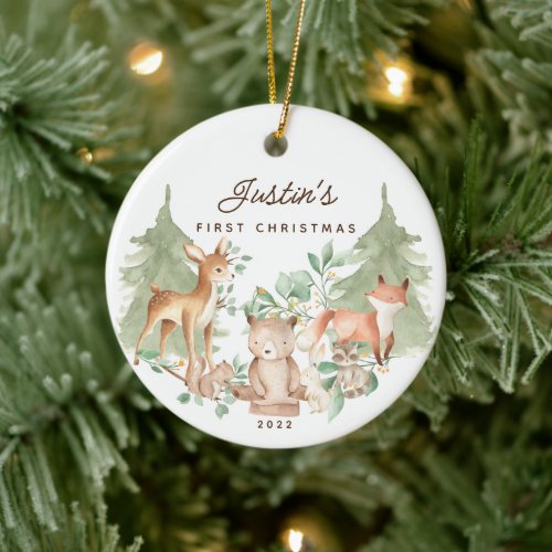 Woodland Animals Babys First Christmas Ceramic Ornament
