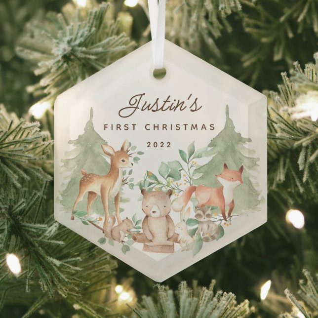 Woodland Animals Baby's First Christmas Glass Ornament (Insitu)