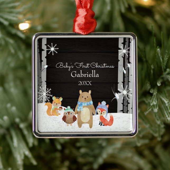 Woodland Animals Baby's First Christmas Metal Ornament (Tree)