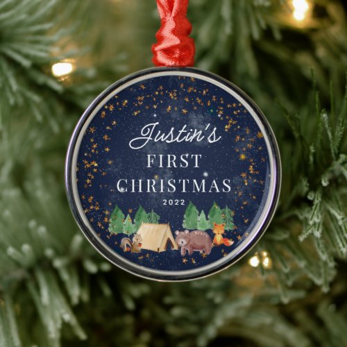 Woodland Animals Babys First Christmas Metal Ornament