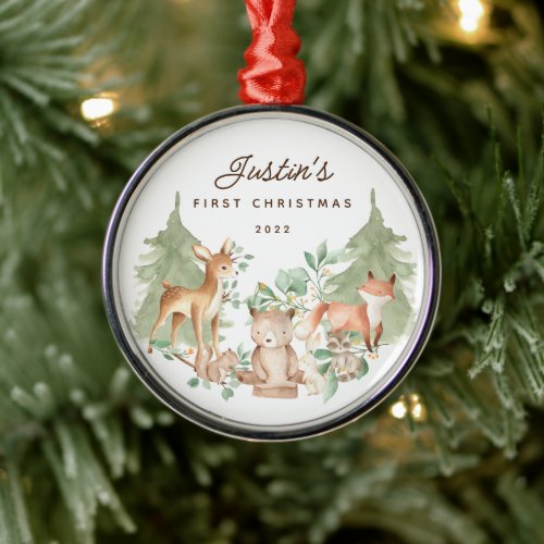 Woodland Animals Babys First Christmas Metal Ornament