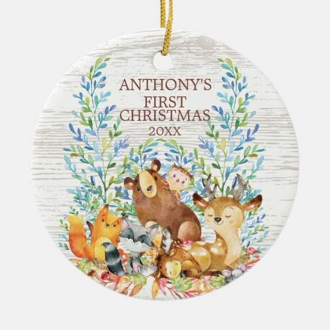 Woodland Animals Baby's First Christmas Ornament (Front)