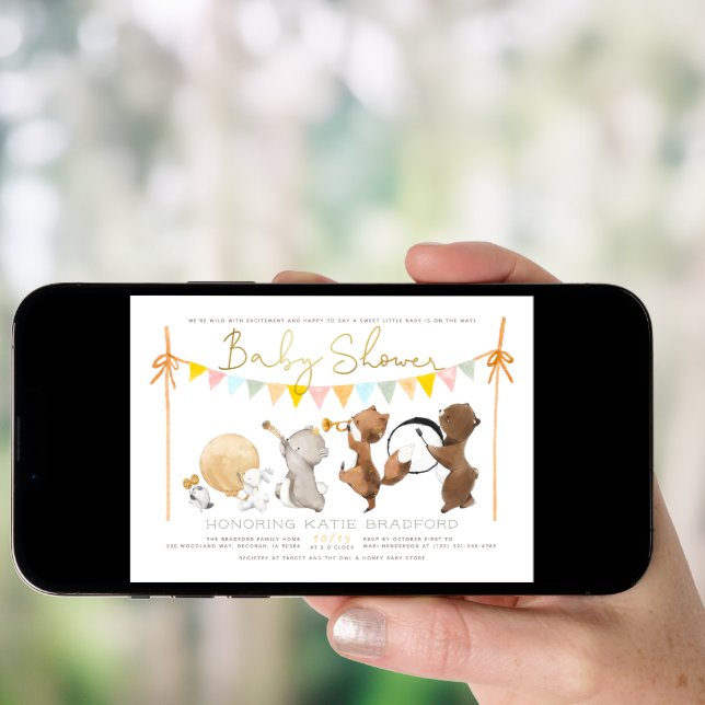Woodland Animals Band Parade Cute Baby Shower Invitation (Front Digital)