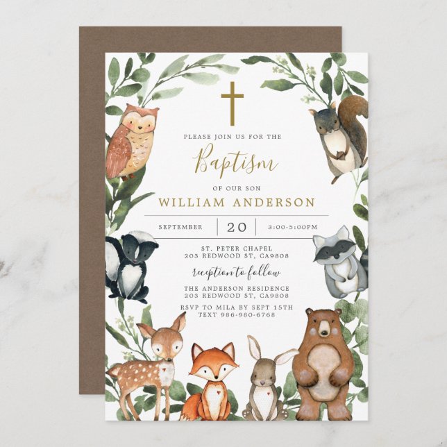 Woodland Animals Baptism/Christening Invitation (Front/Back)