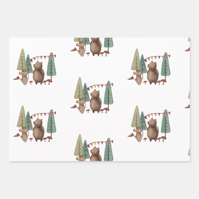 Woodland Animals Bear and Mouse Wrapping Paper Sheets (Front)
