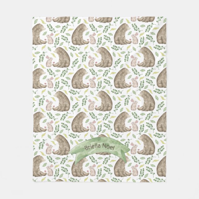 Woodland Animals Bear and Rabbit + name Fleece Blanket (Front)