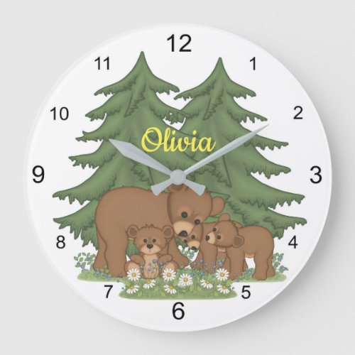 Woodland Animals Bear Cub Baby Girl Nursery Kids Large Clock