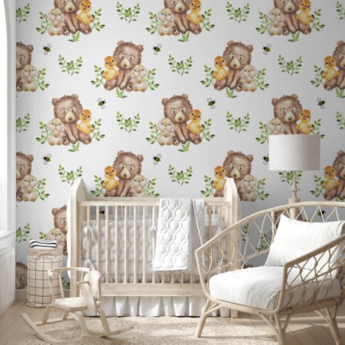 Woodland Animals Bear Duck Bunny Baby Nursery  Wallpaper