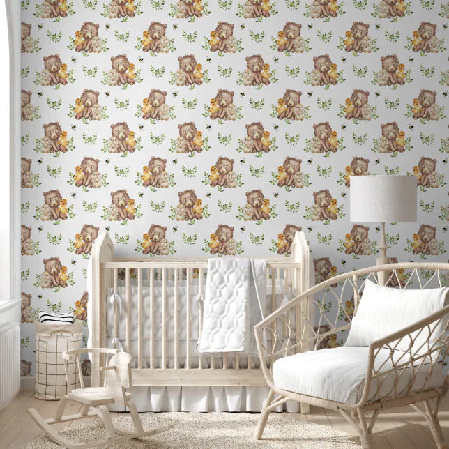 Woodland Animals Bear Duck Bunny Baby Nursery Wallpaper | Zazzle
