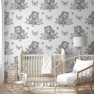 Woodland Animals Bear Duck Bunny Neutral Baby Gray Wallpaper