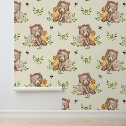 Woodland Animals Bear Duck Bunny Neutral Baby Wallpaper