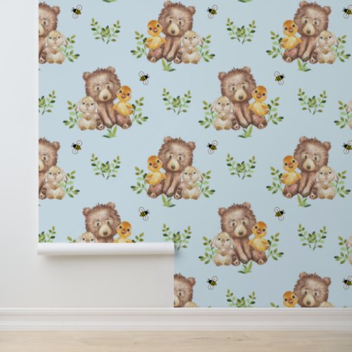 Woodland Animals Bear Duck Bunny Rabbit Baby Boy Wallpaper