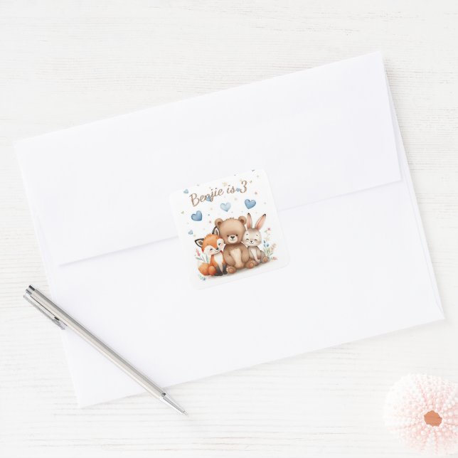 Woodland Animals Bear Fox Bunny Blue Hearts Boy   Square Sticker (Envelope)