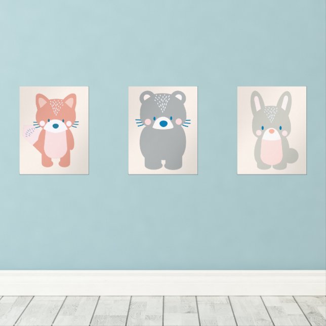 Woodland Animals Bear Fox Bunny Nursery Wall Art Sets (Wood Floor)