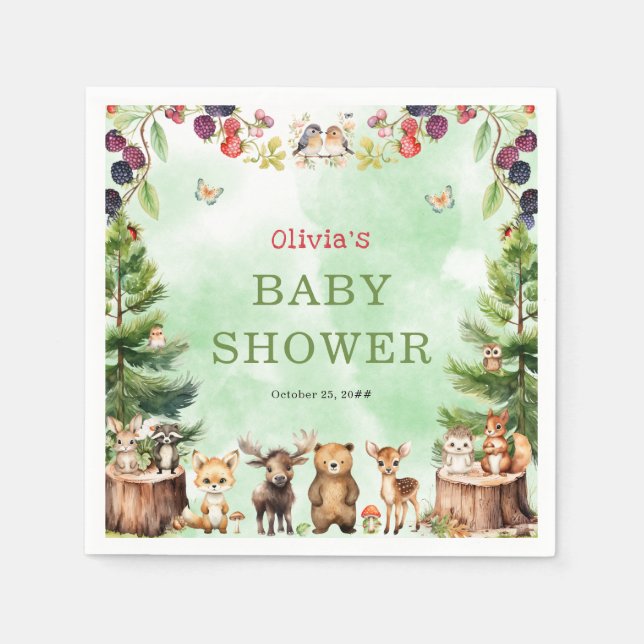 Woodland Animals Berry Flowers Baby Shower Napkins (Front)