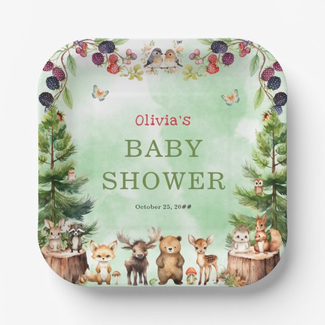 Woodland Animals Berry Flowers Baby Shower Paper Plates (Front)