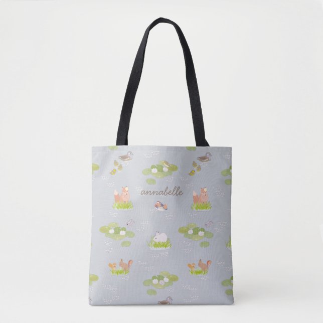 Woodland Animals & Birds in Gray Pond Tote Bag (Front)
