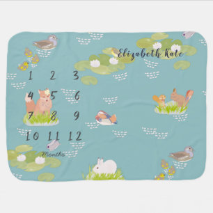 Woodland Animals & Birds Pond Monthly Milestone Baby Blanket