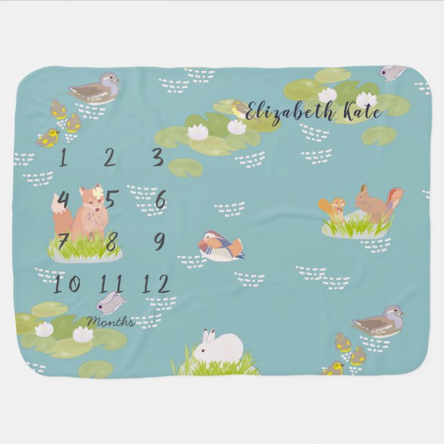 Woodland Animals & Birds Pond Monthly Milestone Baby Blanket (Horizontal)