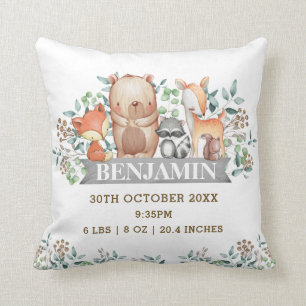 Woodland Animals Birth Stats Botanical Nursery Throw Pillow