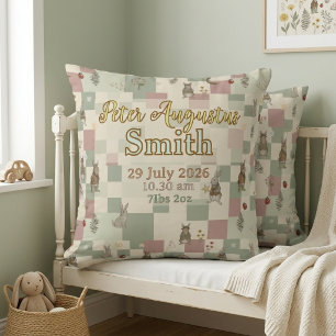 Woodland Animals Birth Stats Keepsake   Patchwork  Throw Pillow