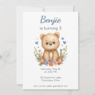 Woodland Animals Birthday Bear Boy Blue Hearts  Invitation