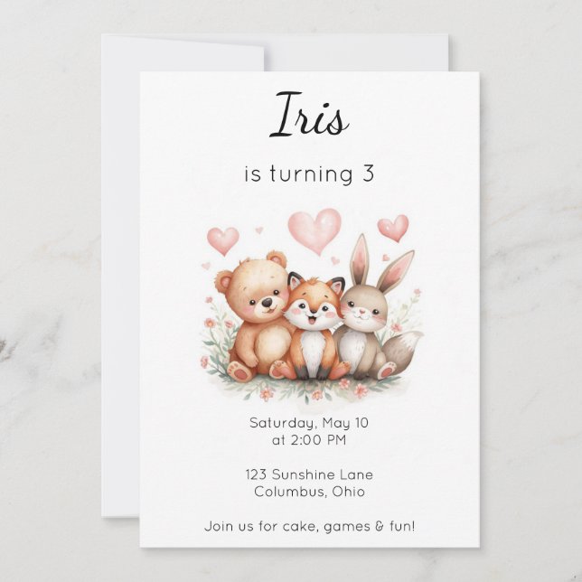 Woodland Animals Birthday Bear Fox Bunny Floral Invitation (Front)