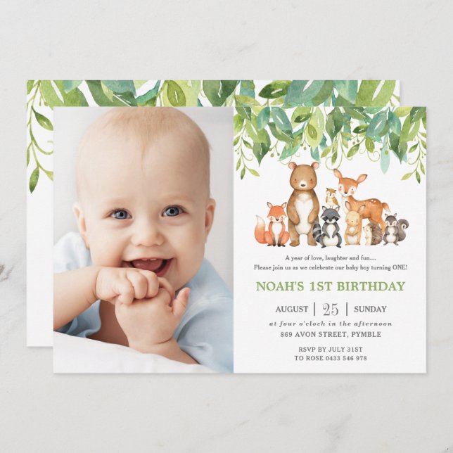 Woodland Animals Birthday Forest Greenery Photo Invitation (Front/Back)