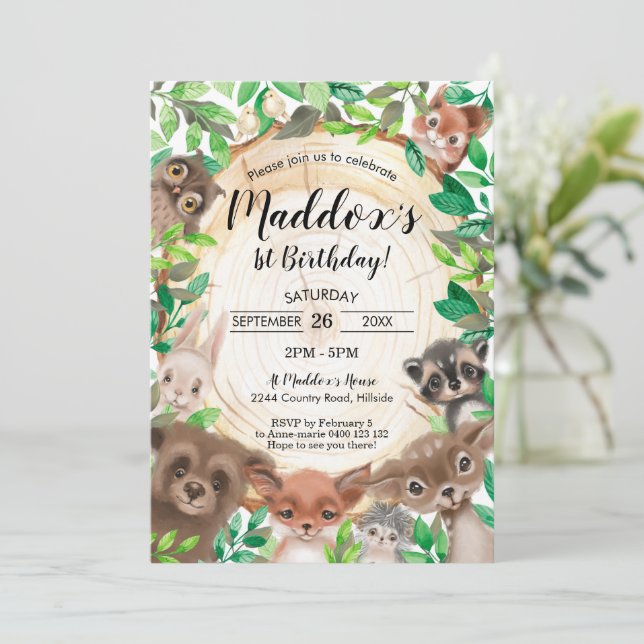 Woodland Animals Birthday Invitation Greenery (Standing Front)