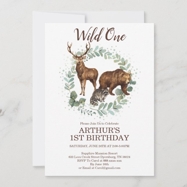Woodland Animals Birthday Invitation, Wild One Announcement (Front)