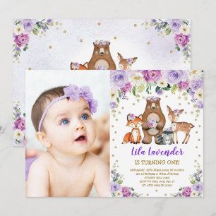 Woodland Animals Birthday Lavender Purple Floral Invitation
