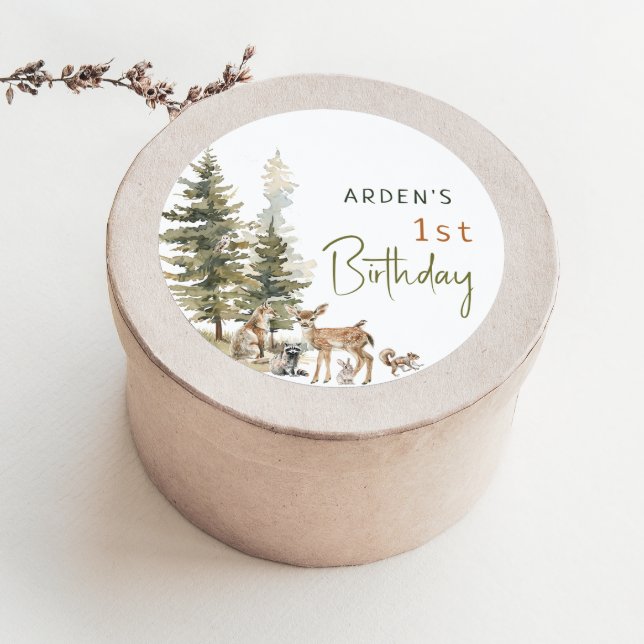 Woodland Animals Birthday Party Favor Classic Round Sticker (Creator Uploaded)