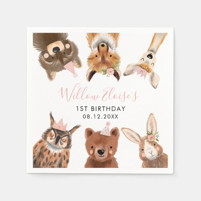 Woodland Animals Birthday Party Pink Napkins (Front)