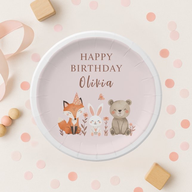 Woodland Animals Birthday Pink  Paper Plates (Creator Uploaded)