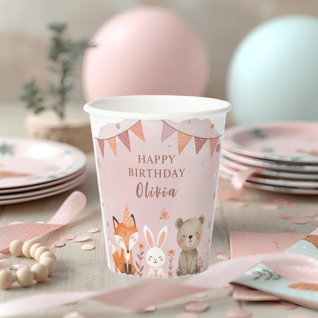 Woodland Animals Birthday Pink Party  Paper Cups (Creator Uploaded)
