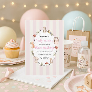Woodland Animals Birthday   Pink Stripes Girl Invitation