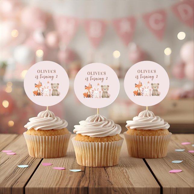 Woodland Animals Birthday | Rustic Pink Party Classic Round Sticker (Creator Uploaded)