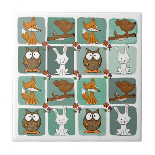 Woodland Animals Block Pattern Ceramic Tile