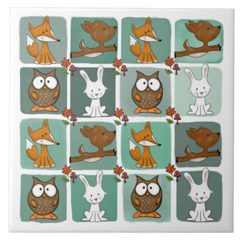 Woodland Animals Block Pattern Ceramic Tile