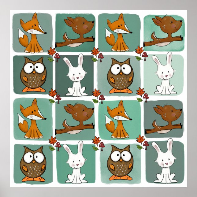 Woodland Animals Block Pattern Poster (Front)