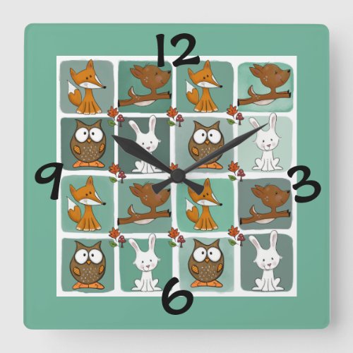Woodland Animals Block Pattern Square Wall Clock
